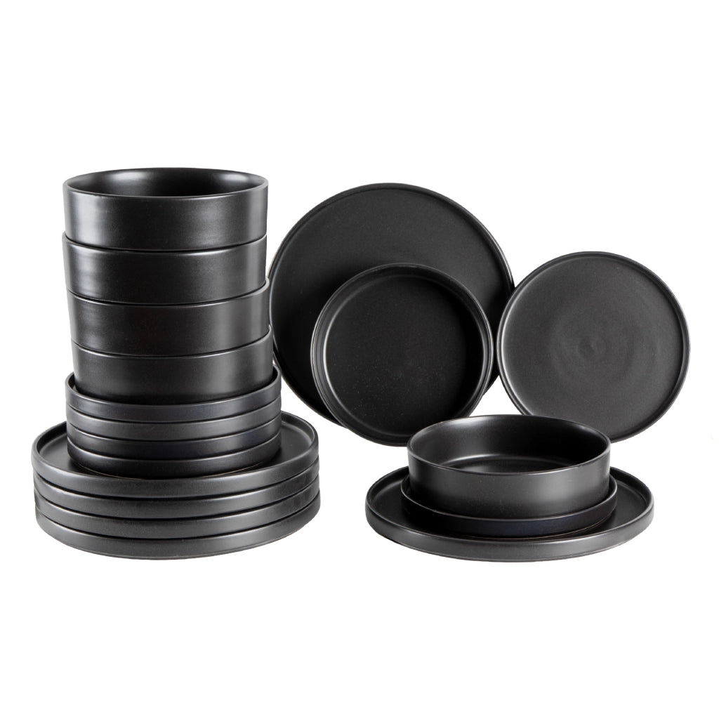 Set 18 Piatti in Porcellana Colorati Servizio Tavola Moderno 6 Persone Piatti Piani Ø27 cm, Fondi Ø20 cm e Dessert Ø19 cm Lavastoviglie e Microonde Certificati per Contatto Alimentare Nero