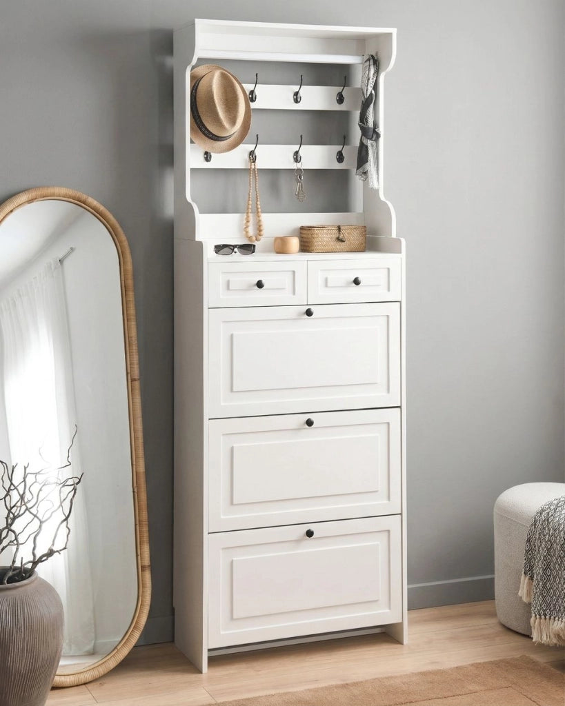 Mobile porta scarpe alto in truciolato bianco 70 x 30 x 200 cm 12 paia di scarpe con cassetti e ganci per un ingresso moderno
