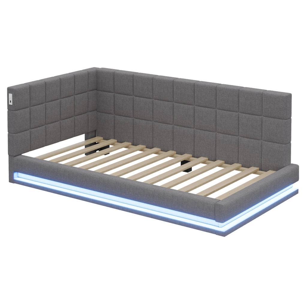 Letto imbottito 90x200 cm con LED; USB e rete a doghe in lino grigio