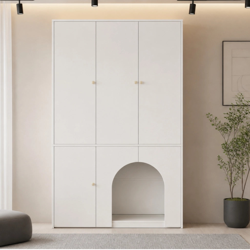 Armadio guardaroba a 3 ante con barra appendiabiti e ripiani, design ad arco, bianco, 120 × 50 × 200 cm