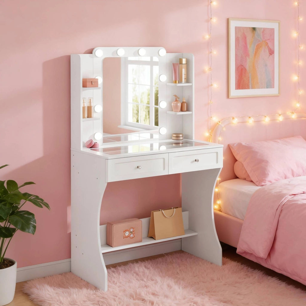 Tavolo da trucco con specchio LED e piano in vetro temperato 80x135x40 cm; bianco