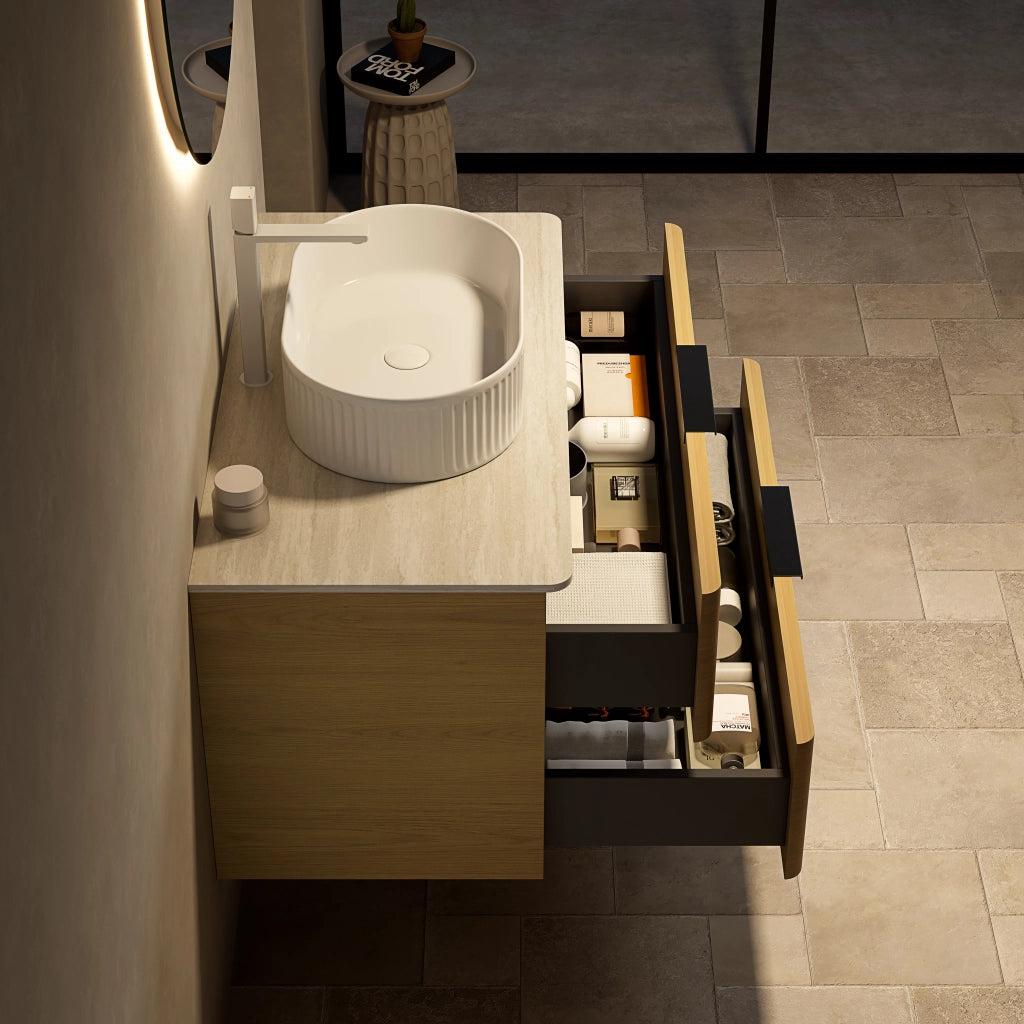 Mobile bagno con lavabo ovale in ceramica e 2 cassetti; top effetto travertino; per bagno; beige rovere bianco