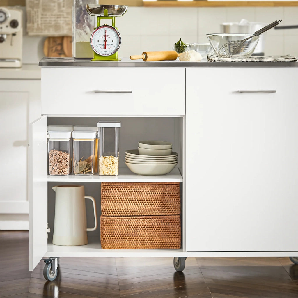 Carrello Da Cucina Isola Cucina Con Piano Di Lavoro Credenza Con Ruote Carrello Bianco 120x56x90cm FKW117-W