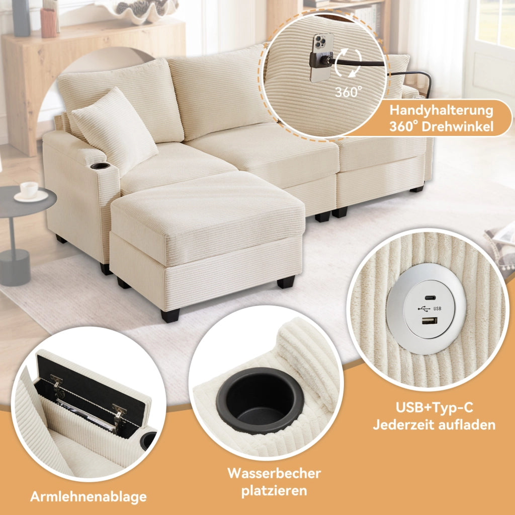 DIVANO ANGOLARE L 213,5x139x87 cm Beige in Corduroy con 2 cuscini
