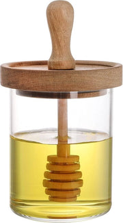 Honigpolvere con cucchiaio e coperchio in legno - 390 ml Honigpolvere trasparente contenitore in vetro per conservazione di sciroppo