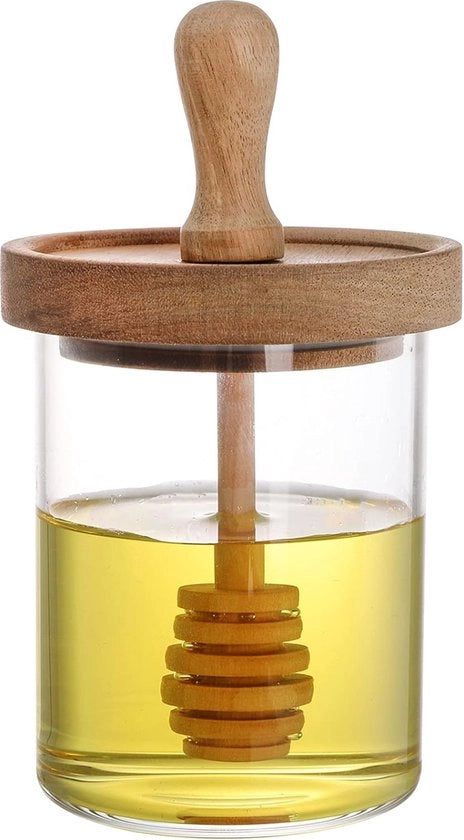 Honigpolvere con cucchiaio e coperchio in legno - 390 ml Honigpolvere trasparente contenitore in vetro per conservazione di sciroppo