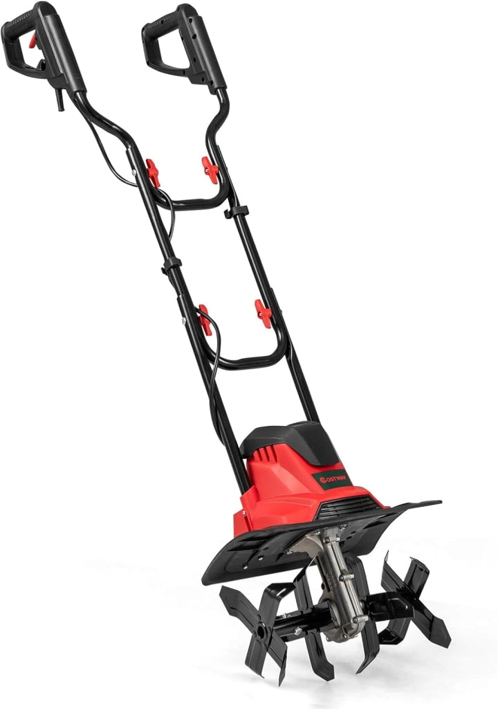 Motozappa Elettrica a Filo, Zappatrice da Giardino con Manico Ergonomico e Motore Forte, Motocoltivatore Pieghevole per Scavare Terreno del Prato (32,5 x 24 x 138 cm,Rosso)