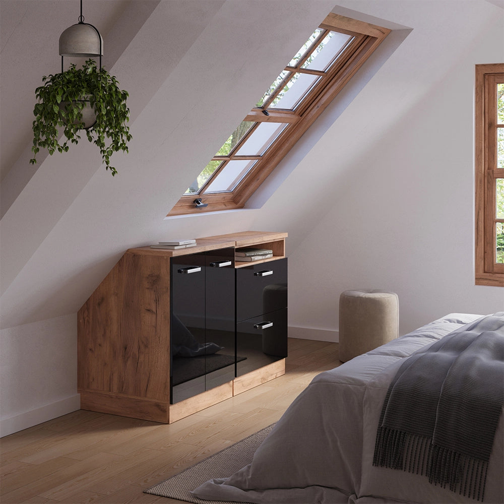 Set di mobili sottotetto Rion Nero lucido/Rovere dorato 120 cm Set di 2 carcasse armadio profondità 60 cm Vicco