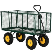 Carrello da Giardino in Acciaio con Pareti Laterali Ribaltabili e 4 Ruote, Capienza 342L, Verde