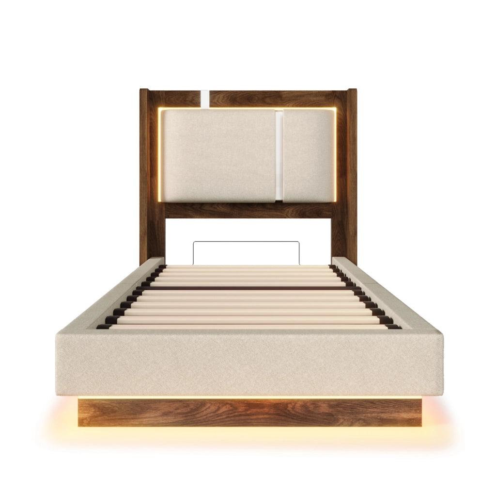 Letto imbottito 90x200 con LED, contenitore e rete a doghe