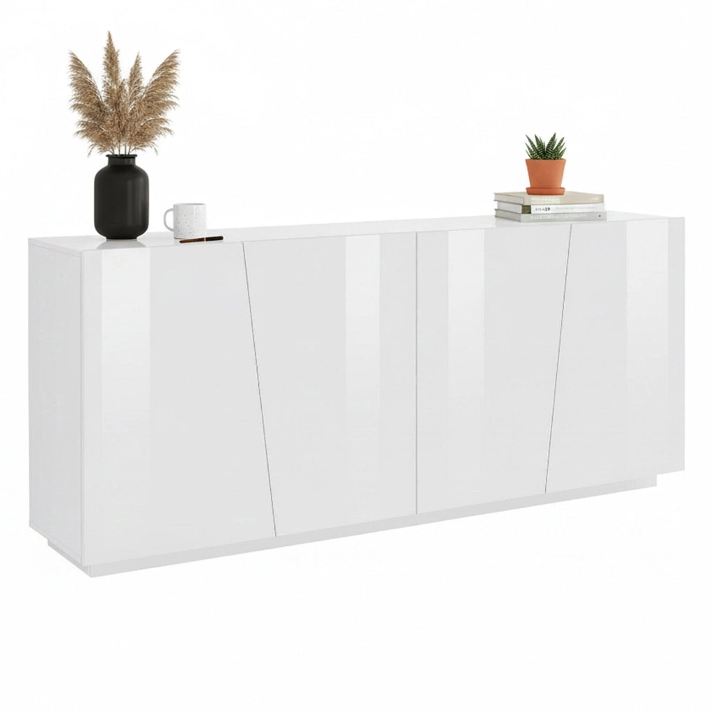 Credenza moderna a 4 Apollo, Made in Italy, Madia da cucina, Buffet di design da soggiorno, cm 200x43h86, Bianco lucido