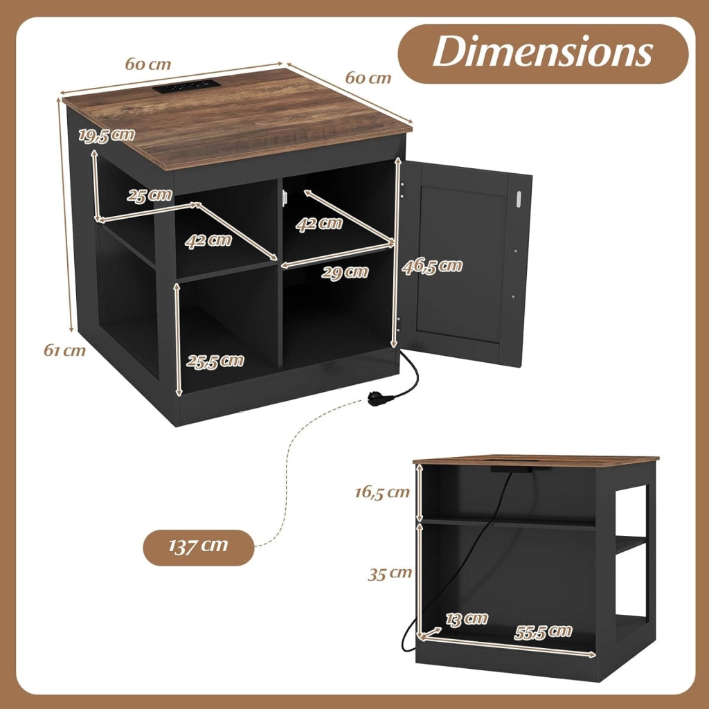 Tavolino ausiliario con stazione di ricarica, comodino con armadio e 2 ripiani aperti, ripiano inferiore regolabile, 60 x 60 x 61 cm, mobile organizer per soggiorno, camera da letto (nero) +