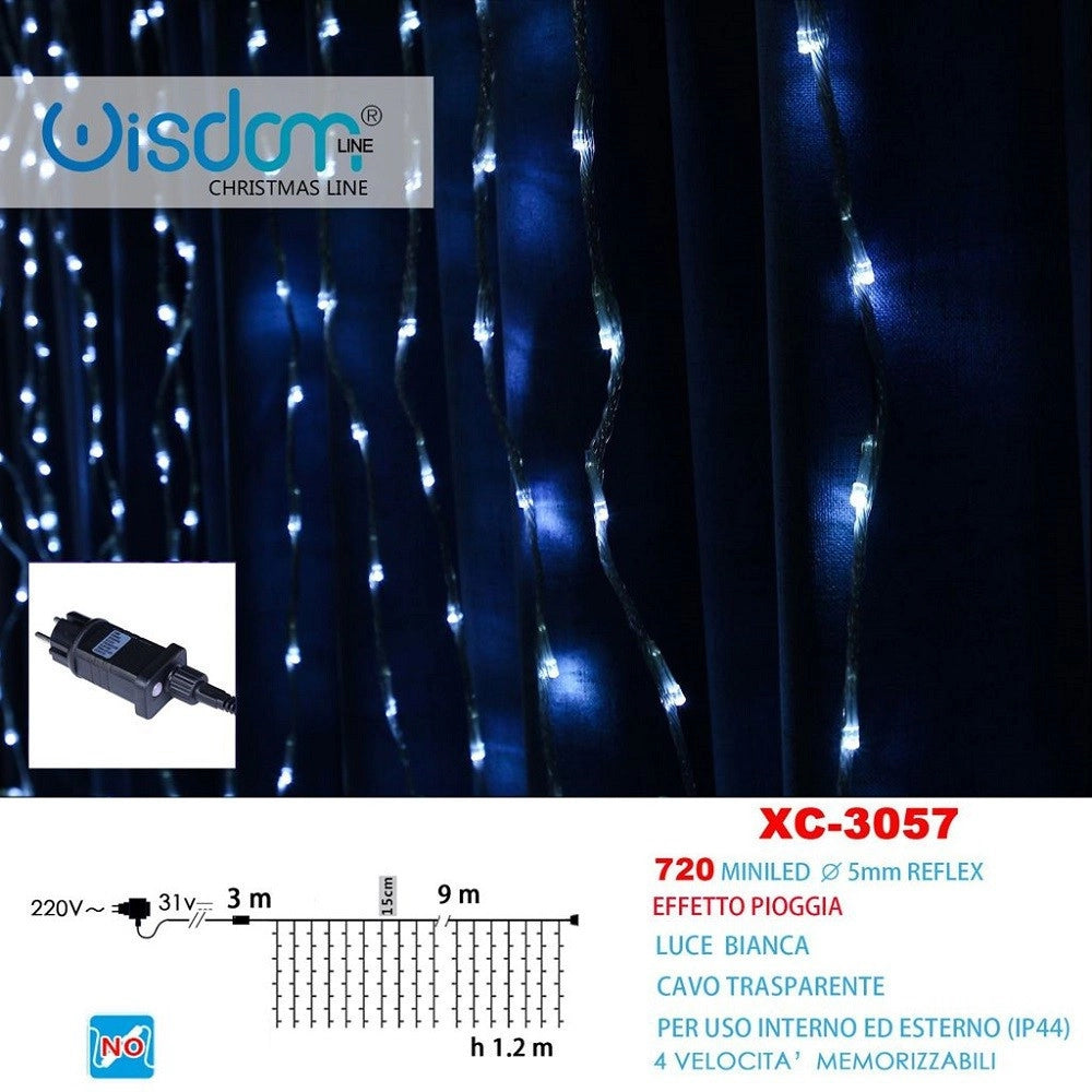 Trade Shop - Tenda Luminosa Natalizia 720 Mini Led Effetto Pioggia Luce Bianca Ip44 Xc-3057 -