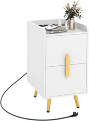 Comodino con stazione di ricarica, comodino con 2 porte USB e 3 uscite, tavolino laterale con 2 cassetti, tavolo per camera da letto, soggiorno, 32 x 40 x 60 cm (bianco)