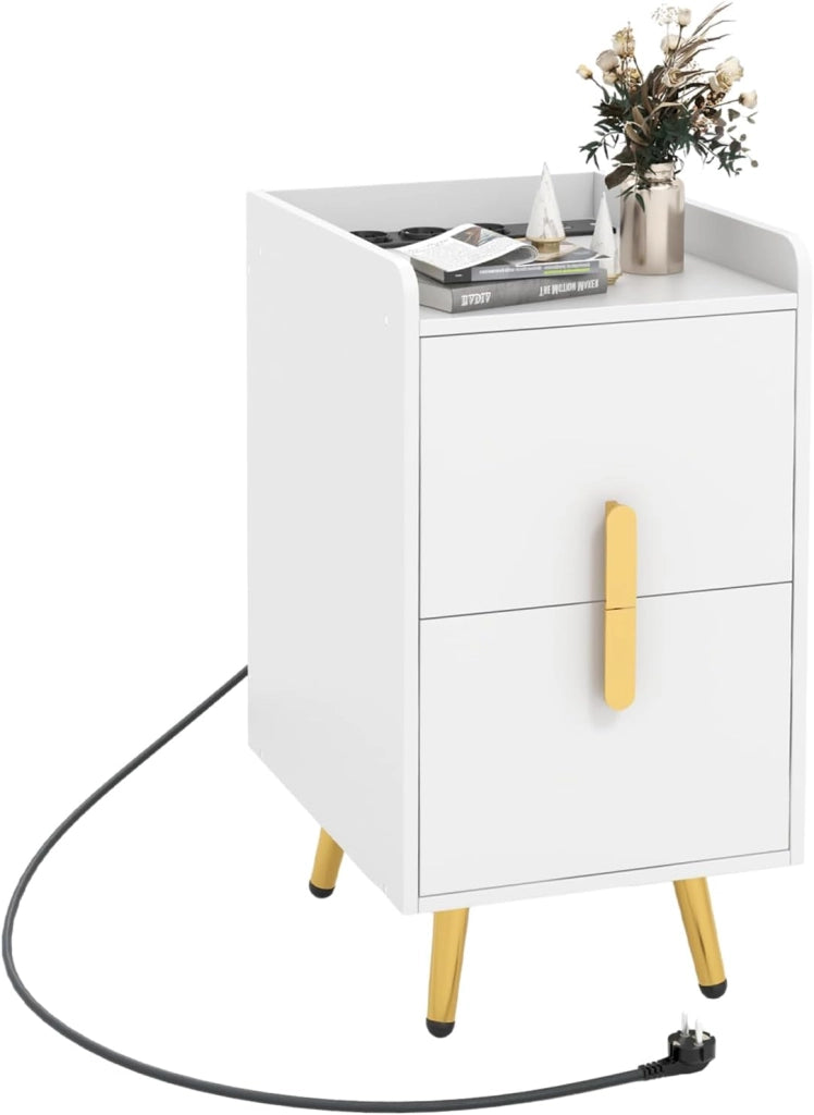 Comodino con stazione di ricarica, comodino con 2 porte USB e 3 uscite, tavolino laterale con 2 cassetti, tavolo per camera da letto, soggiorno, 32 x 40 x 60 cm (bianco)