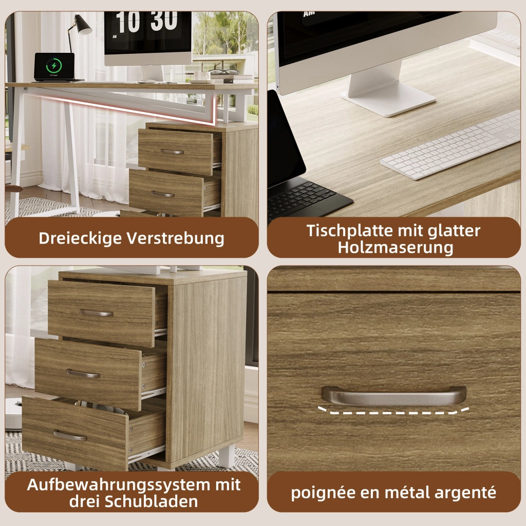 Scrivania lineare con 3 cassetti e ampio piano in MDF con struttura in acciaio bianco per studio naturale 130 × 55 × 75 cm