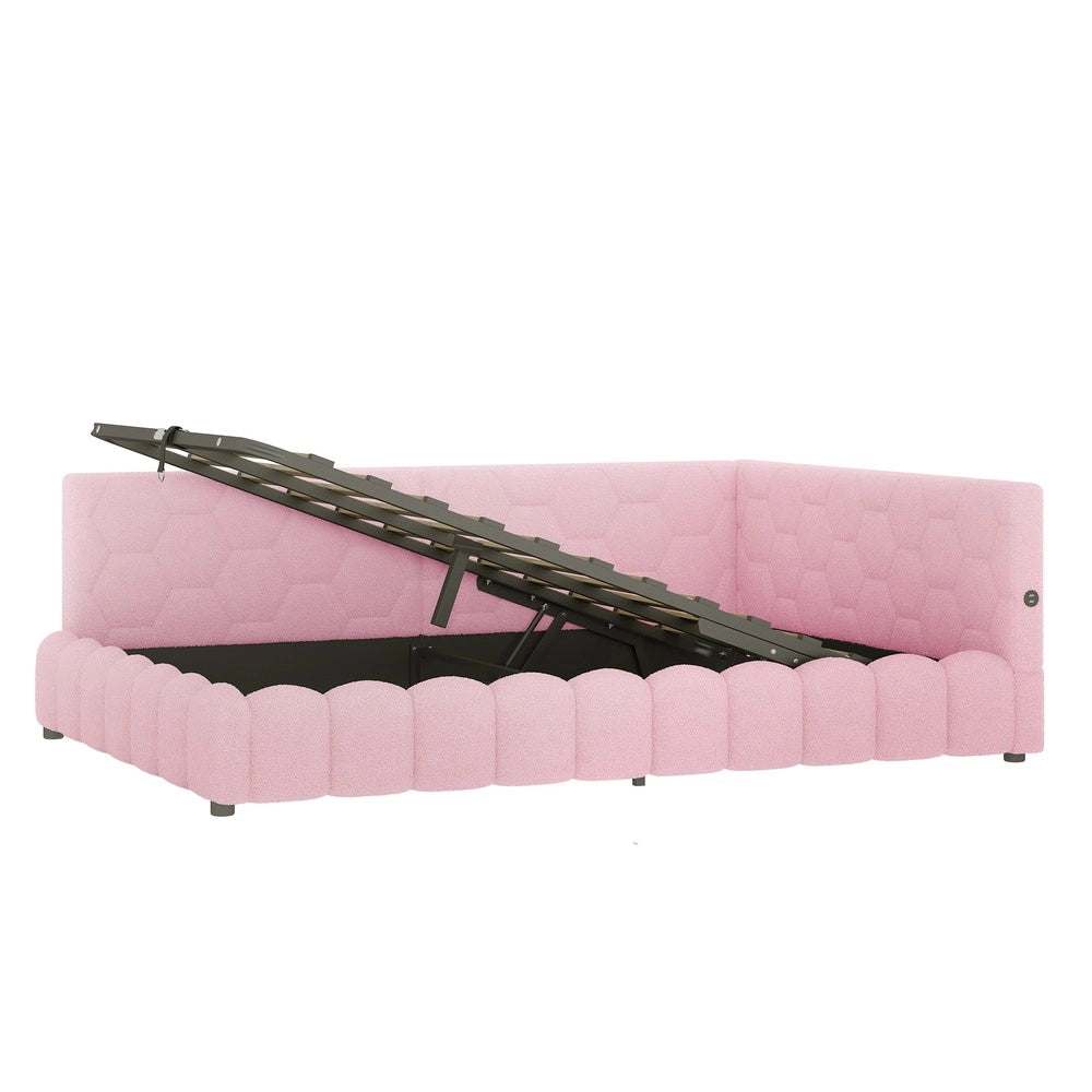 Letto Contenitore Imbottito con LED ¨C MINIMAL ¨C Rosa 140x200, Idraulico, USB