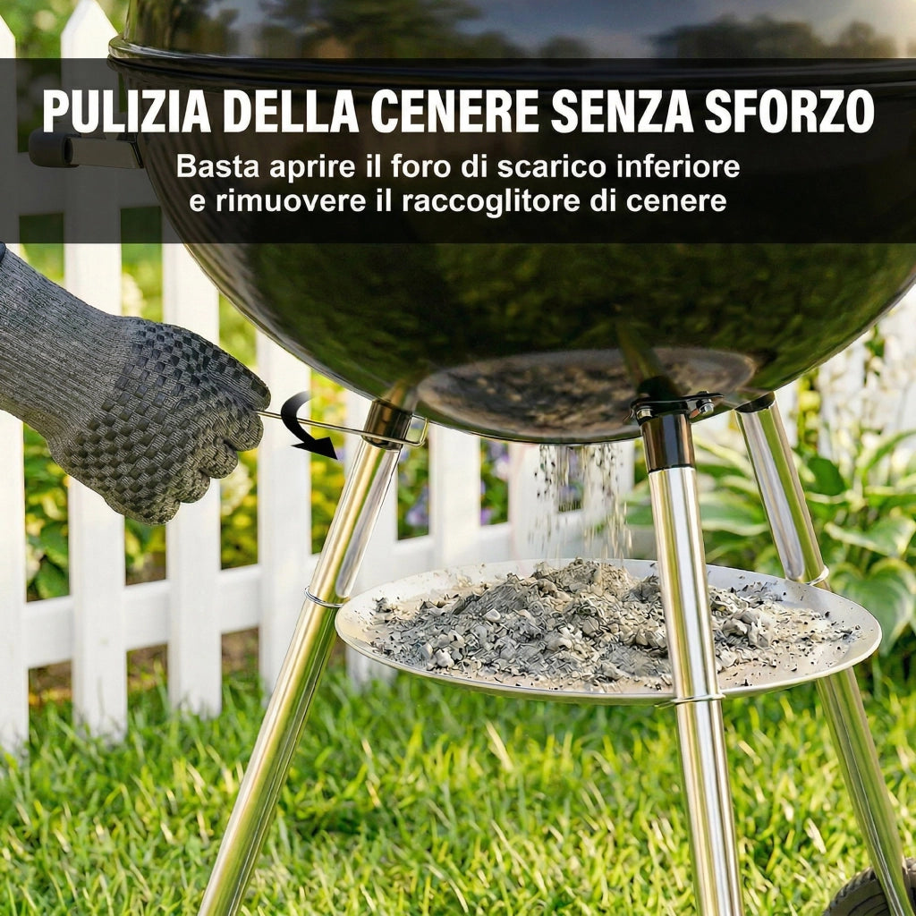 barbecue a carbone con griglia esterna rotonda. coperchio. termometro e ruote. Nero