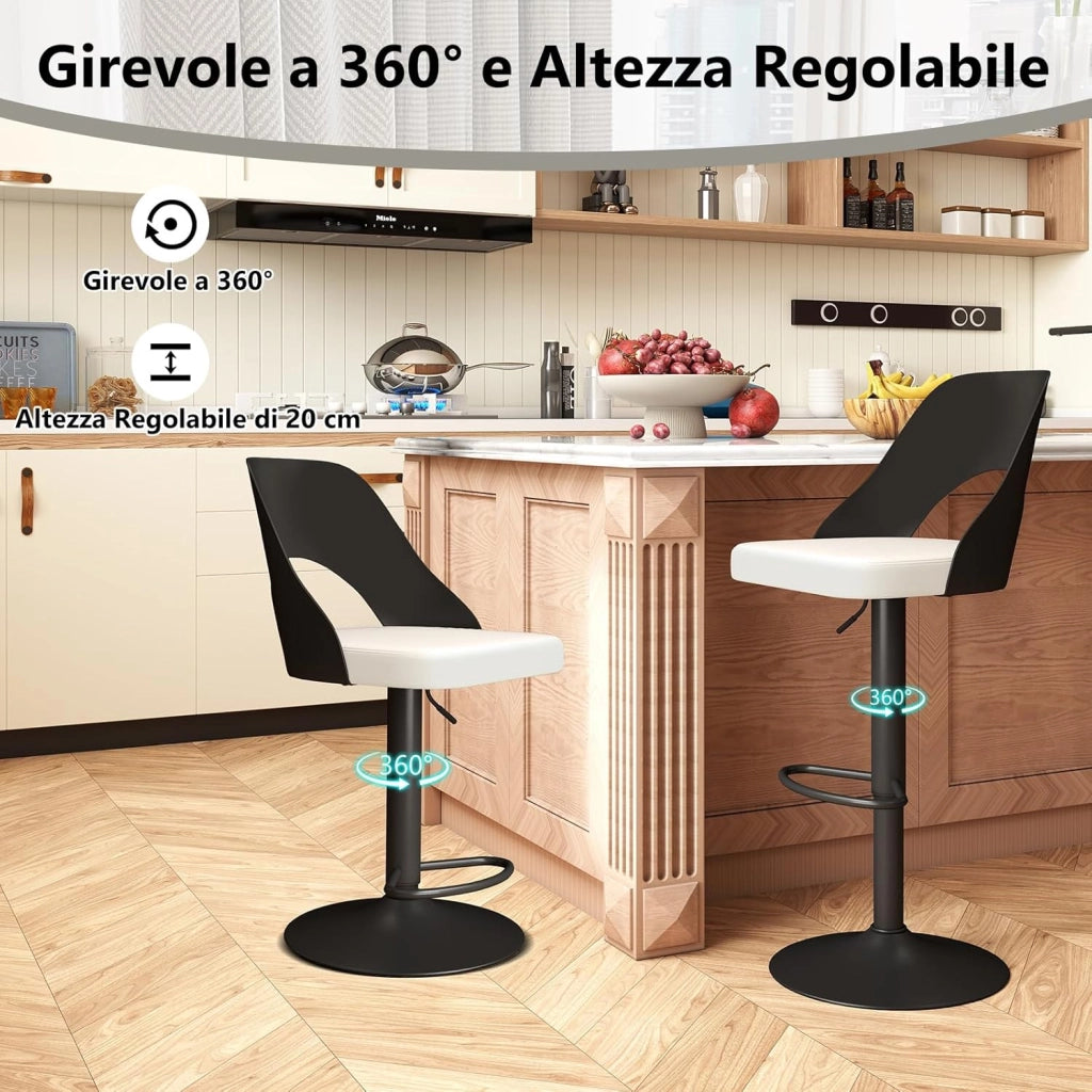 2 Sgabelli Girevoli da Bar Alta 91-111 cm, Set di Sgabelli con Seduta in Ecopelle, Poggiapiedi e Struttura in Metallo, Sedie per Cucina e Bistrò (Nero)