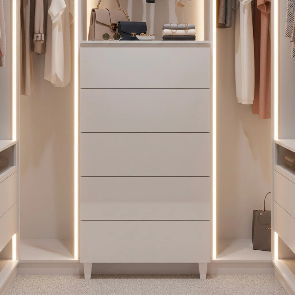 Cassettiera Settimino Con 5 Cassetti Stile Moderno Con Piedini E Struttura Compatta In Melaminico Antigraffio Per Camera Da Letto 60 X 40 X 117 Cm Bianco Lucido