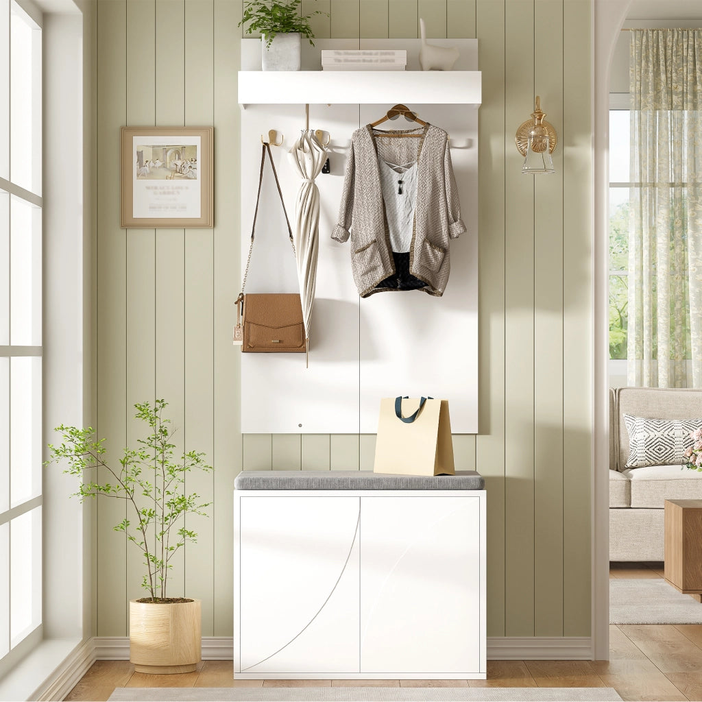 Set ingresso 3 in 1 con attaccapanni, scarpiera a 2 ante e panca porta scarpe, bianco, 60¡Á35¡Á(45+100) cm