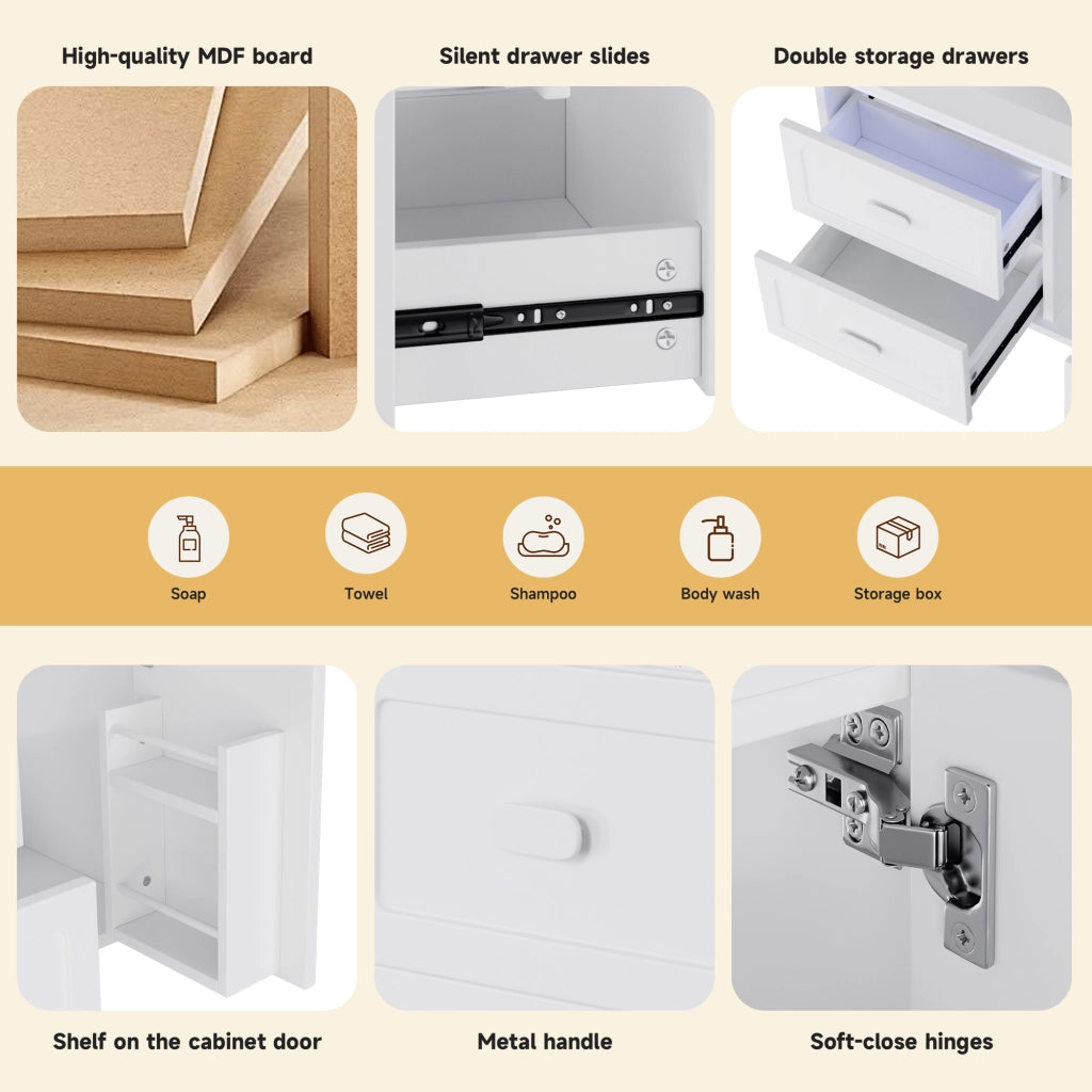 Mobile sottolavabo laccato in MDF con LED a sensore radar, 2 cassetti e 1 vano, per bagno, bianco, 76 × 46 × 51 cm