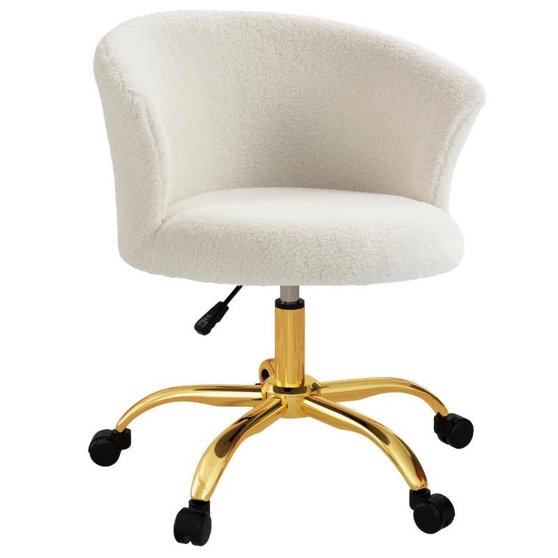 SEDIA DA UFFICIO REGOLABILE IN ALTEZZA CON SEDUTA GIREVOLE E RIVESTIMENTO IN VELLUTO TEDDY, BIANCO E ORO