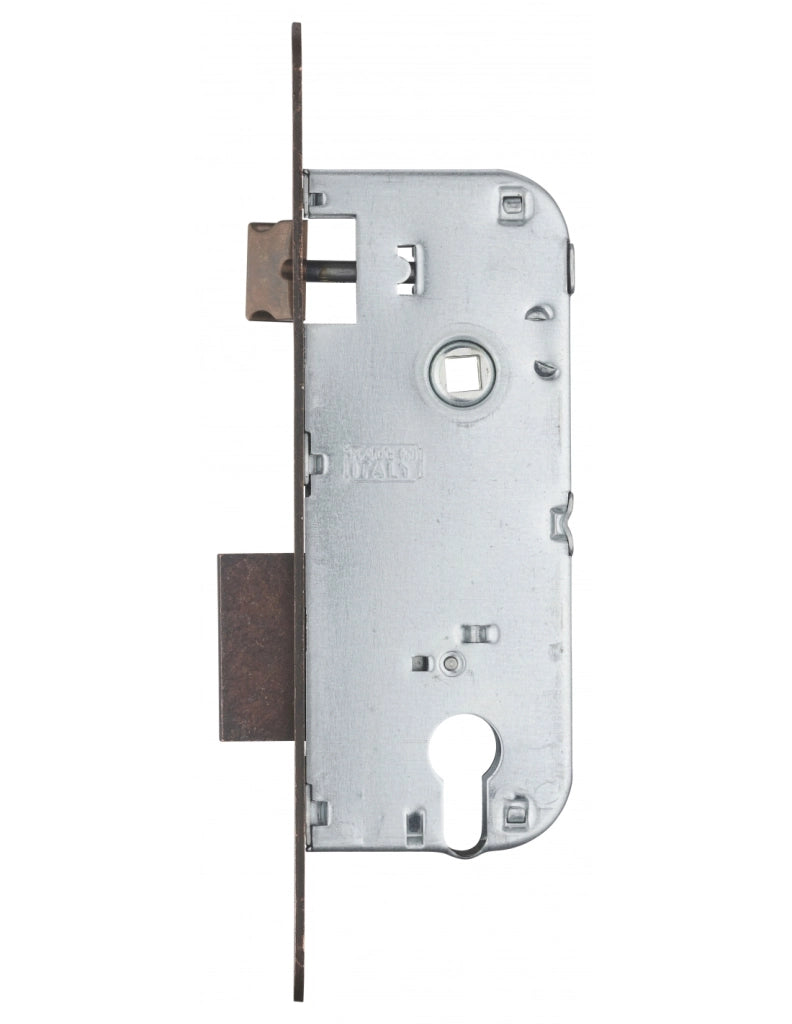 Serratura da incasso a cilindro europeo 90mm x 40mm, doppia mandata, reversibile, piastra tonda, richiamo 1/2 giro, bronzo - THIRARD