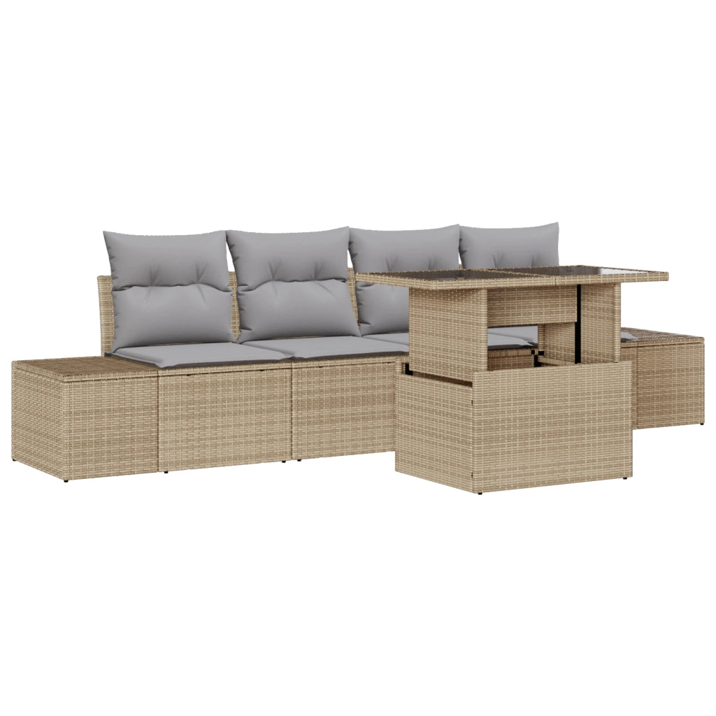 Set di divani da giardino 5 pezzi con cuscini beige in polyrattan