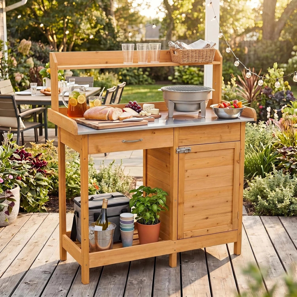 Tavolo da Giardinaggio in Legno con Piano in Acciaio (Legno) | Tavolo per Piante con Ripiani Aperti, Armadietto, Cassetto e 3 Ganci, Banco da Lavoro per Giardino e Balcone, 112x46,5x125 cm