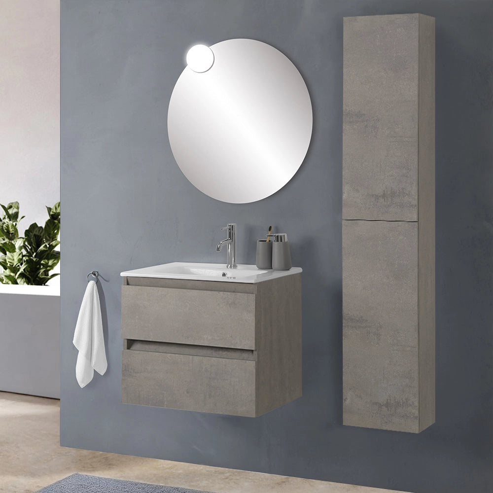 Colonna bagno sospesa H160 cm in legno grigio cemento con ripiani Leda