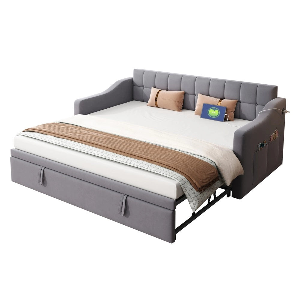 Letto Imbottito 2 in 1 con Divano ¨C MINIMAL ¨C Grigio Velluto 90x/180x con Presa e Tasca