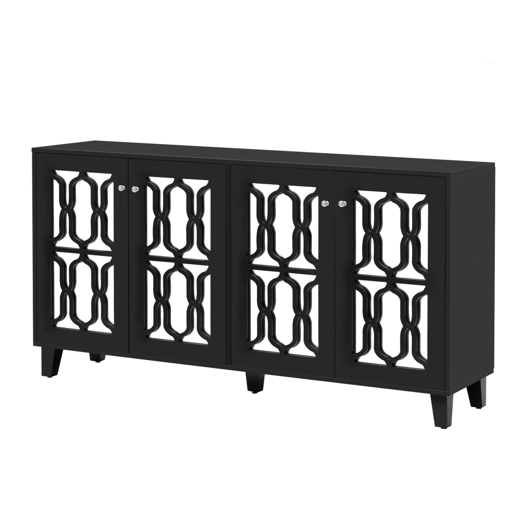 Credenza nera con superficie a specchio; 4 ante e 2 ripiani interni mobili; 160x40x84 cm in MDF