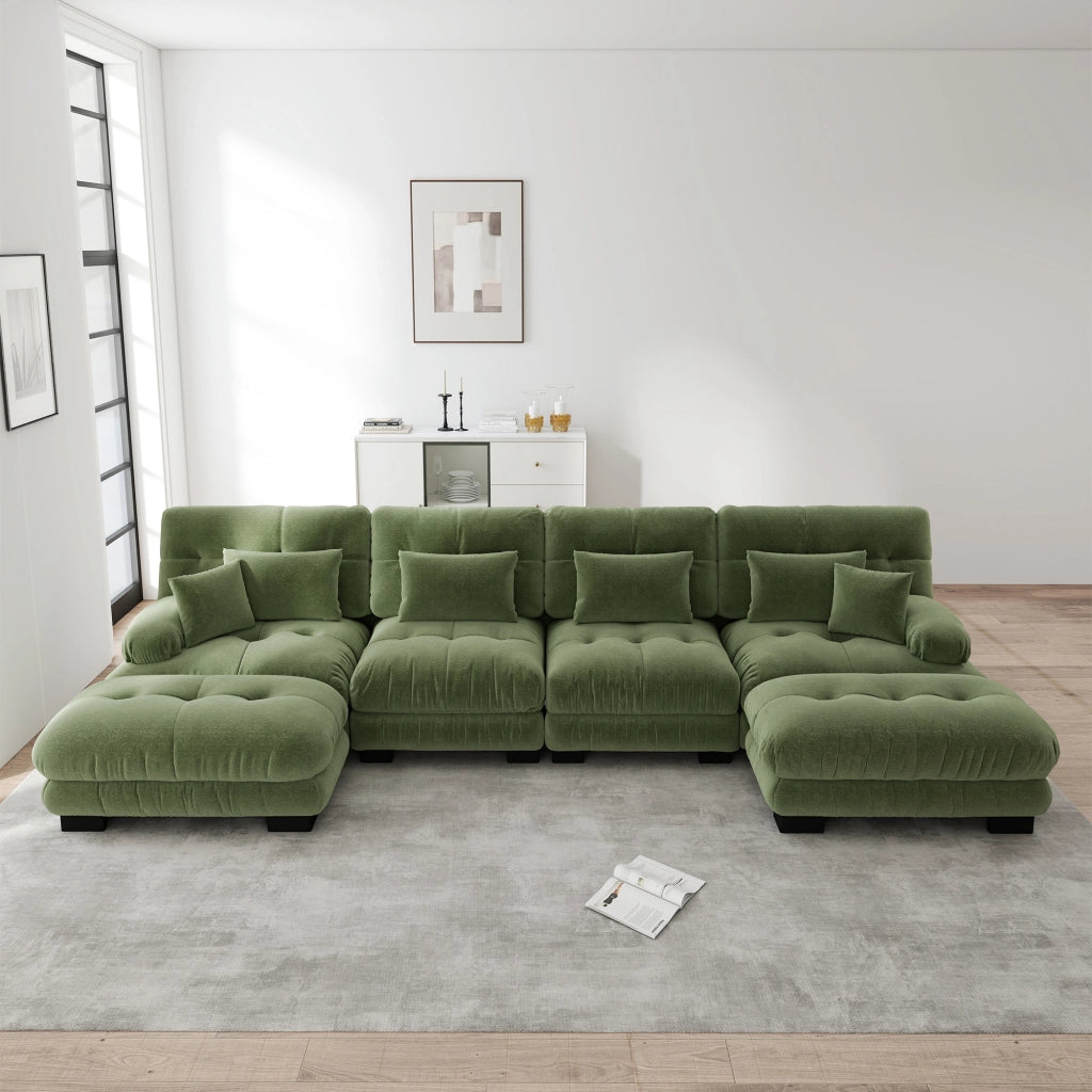 Divano angolare modulare a U con pouf mobile e cuscini lombari, seduta profonda in ciniglia verde