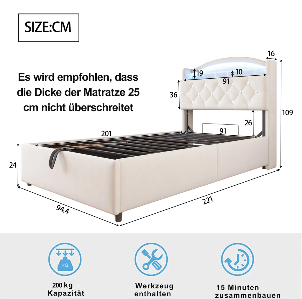 Letto imbottito per bambini 90x200 cm in velluto beige con LED; USB e vano contenitore