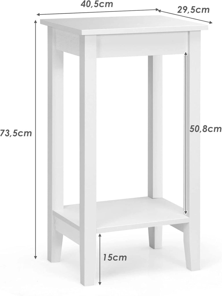 Set di 2 Tavolini da Salotto Alti a 2 Livelli Aperti, Tavolino Comodino in Legno di Pino Massicio, Tavolino Moderno Portaoggetti per Soggiorno e Camera da Letto, 40 x 30 x 73,5 cm (2, Bianco)