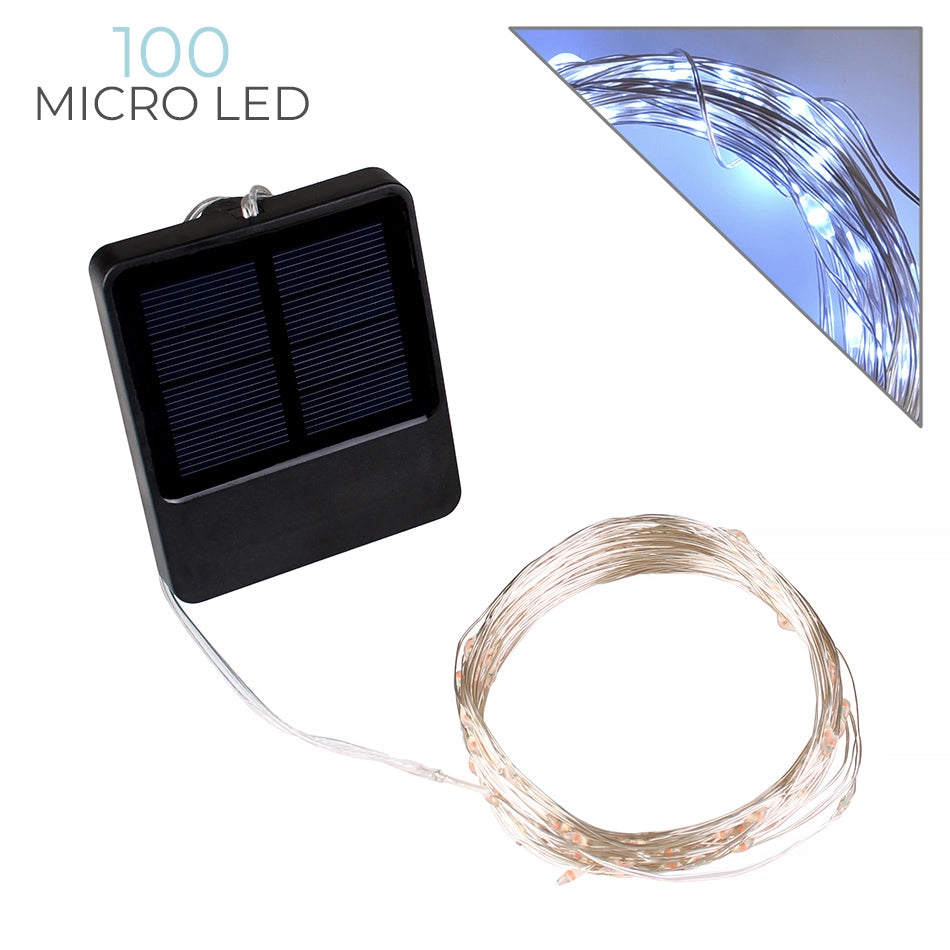 CATENA LUMINOSA SOLARE 100 MICRO LED 10 METRI DI LUCE BIANCA - 8 MODALITA' DI ILLUMINAZIONE E CAVO FLESSIBILE