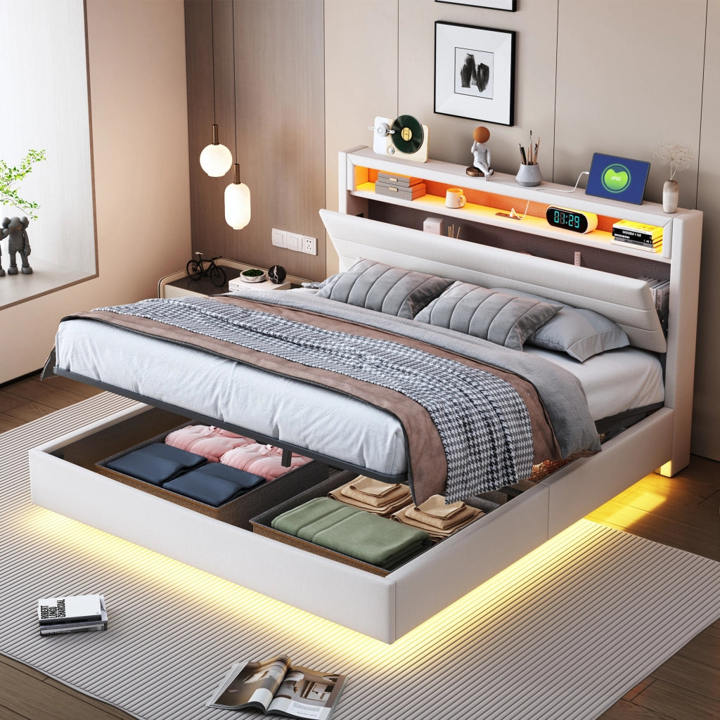 OKWISH Letto contenitore 140×200 cm, Letto Matrimoniale con Vano Contenitore, USB, LED Regolabile e Testiera Girevole, senza Materasso, Beige