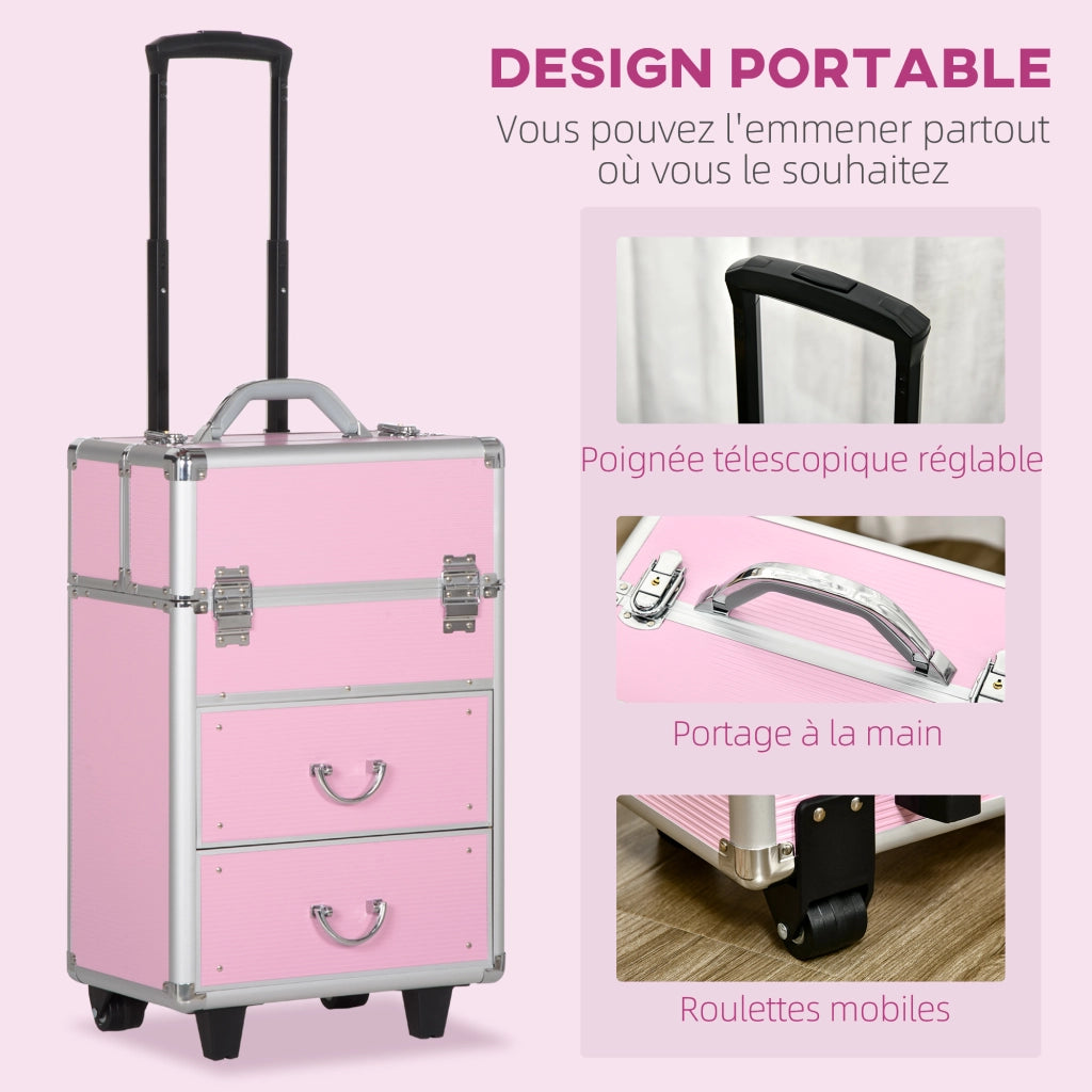 Valigia Cosmetici Trolley con Manico Telescopico Regolabile ¨C zephmum ¨C ABS Alluminio Rosa 36x23x58 cm