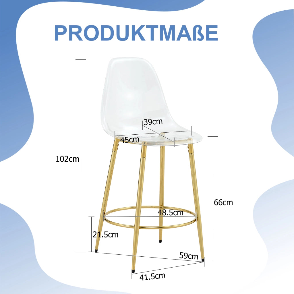 Sgabello da bar trasparente 2 pezzi con schienale ergonomico e seduta 66 cm, gambe in metallo oro, plastica trasparente