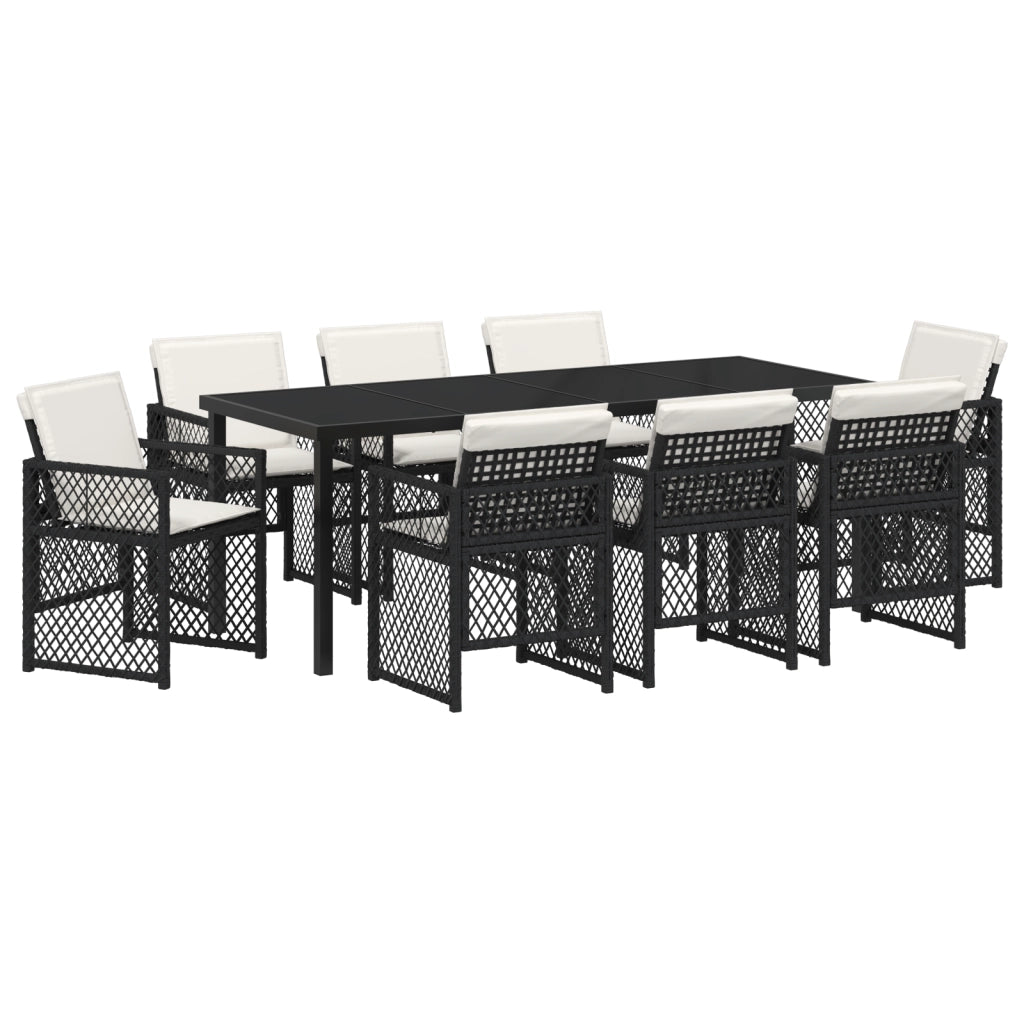 Set da pranzo da giardino 9 pezzi con cuscini Rattan nero poli