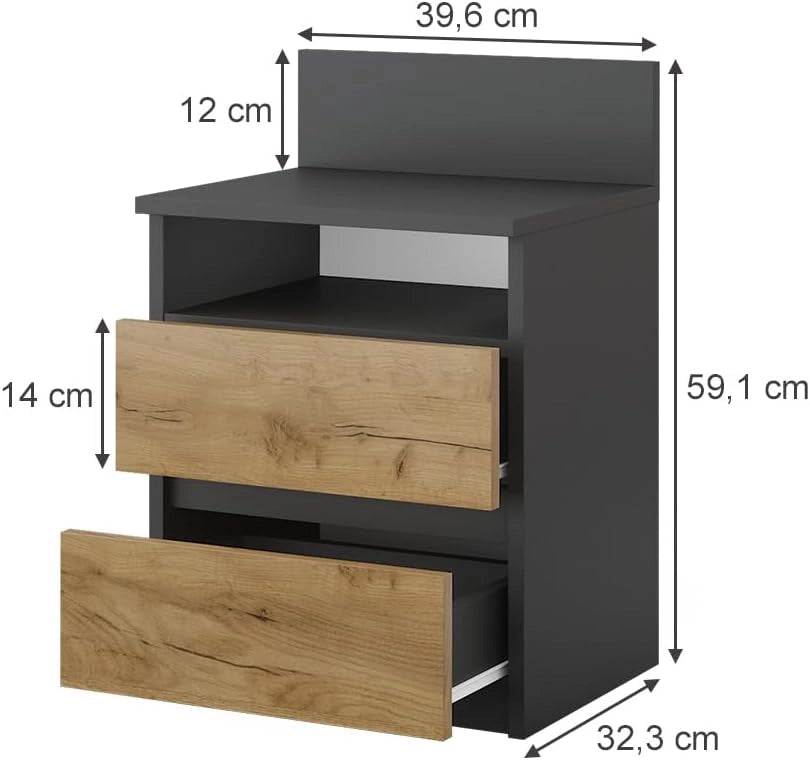 Comodino camera da letto Monty, Antracite/quercia dorata, Set di 2, per riporre oggetti di uso quotidiano in camera da letto