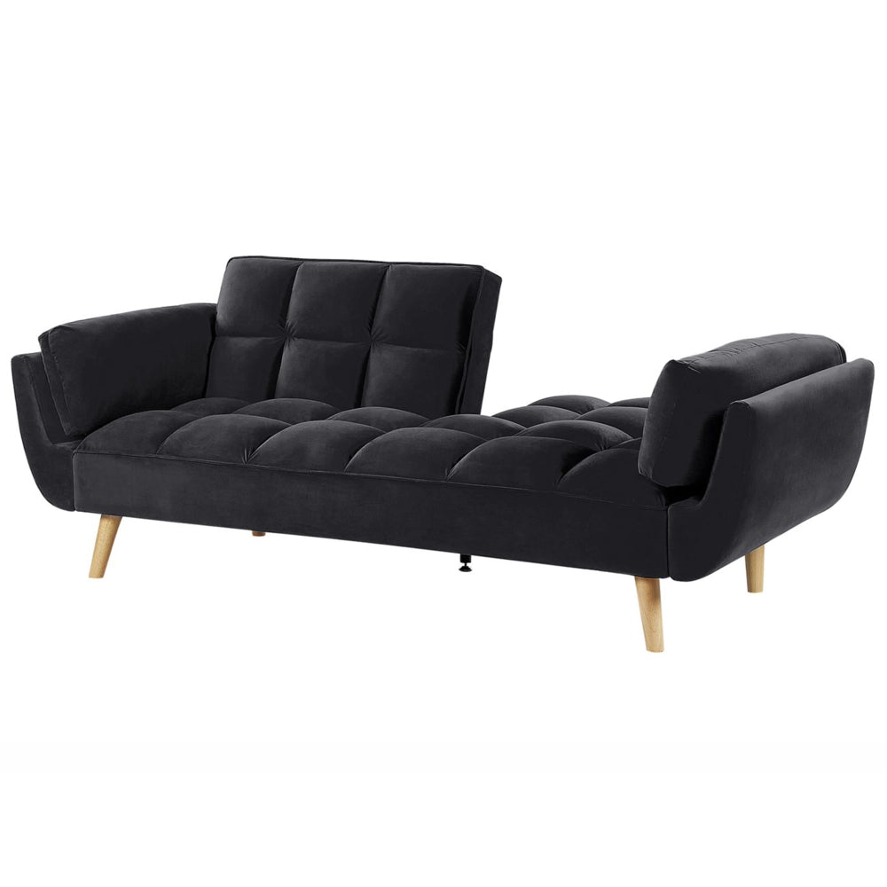 Divano Letto Tessuto Velluto Nero 3 Posti Gambe In Legno Imbottitura In Schiuma Imbottitura Biscuit Schienale Diviso