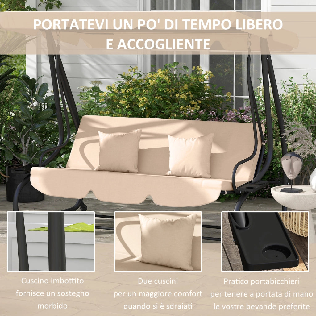Dondolo Letto da Giardino 3 Posti con Tetto Regolabile e Vassoio. 200x120x164 cm. Marrone Chiaro