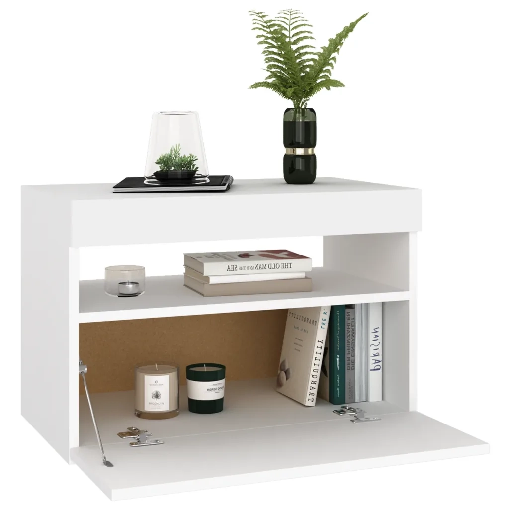 Comodino e Luci LED-Tavolino da notte Bianco 60x35x40 cm in Legno Multistrato
