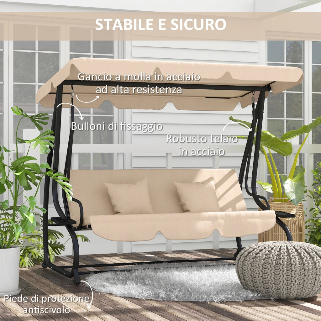 Dondolo Letto da Giardino 3 Posti con Tetto Regolabile e Vassoio. 200x120x164 cm. Marrone Chiaro