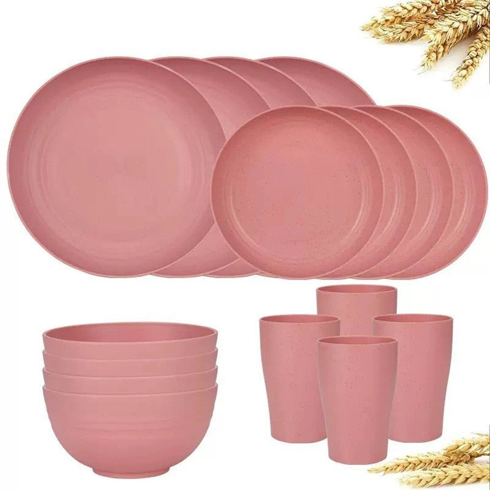 Trade Shop - Set Da 16pz Stoviglie In Paglia Di Grano Ciotole Piatti Infrangibili Posate Riutilizzabili -