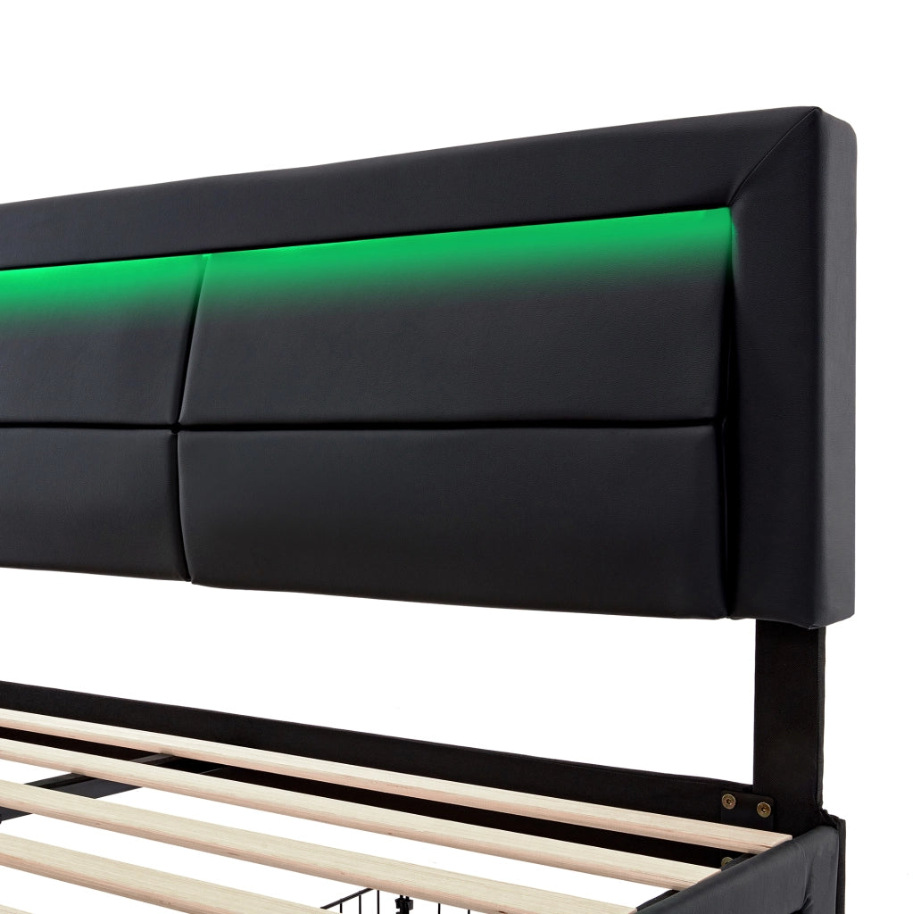 Letto imbottito 140x200 cm con LED; ricarica USB e wireless; 4 cassetti; similpelle nera