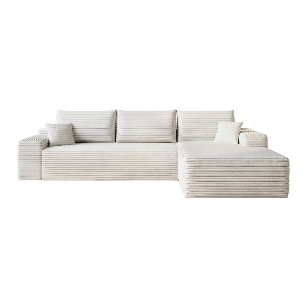 Divano angolare modulare con chaise longue in velluto a coste rigato e schiuma elastica facile da montare bianco