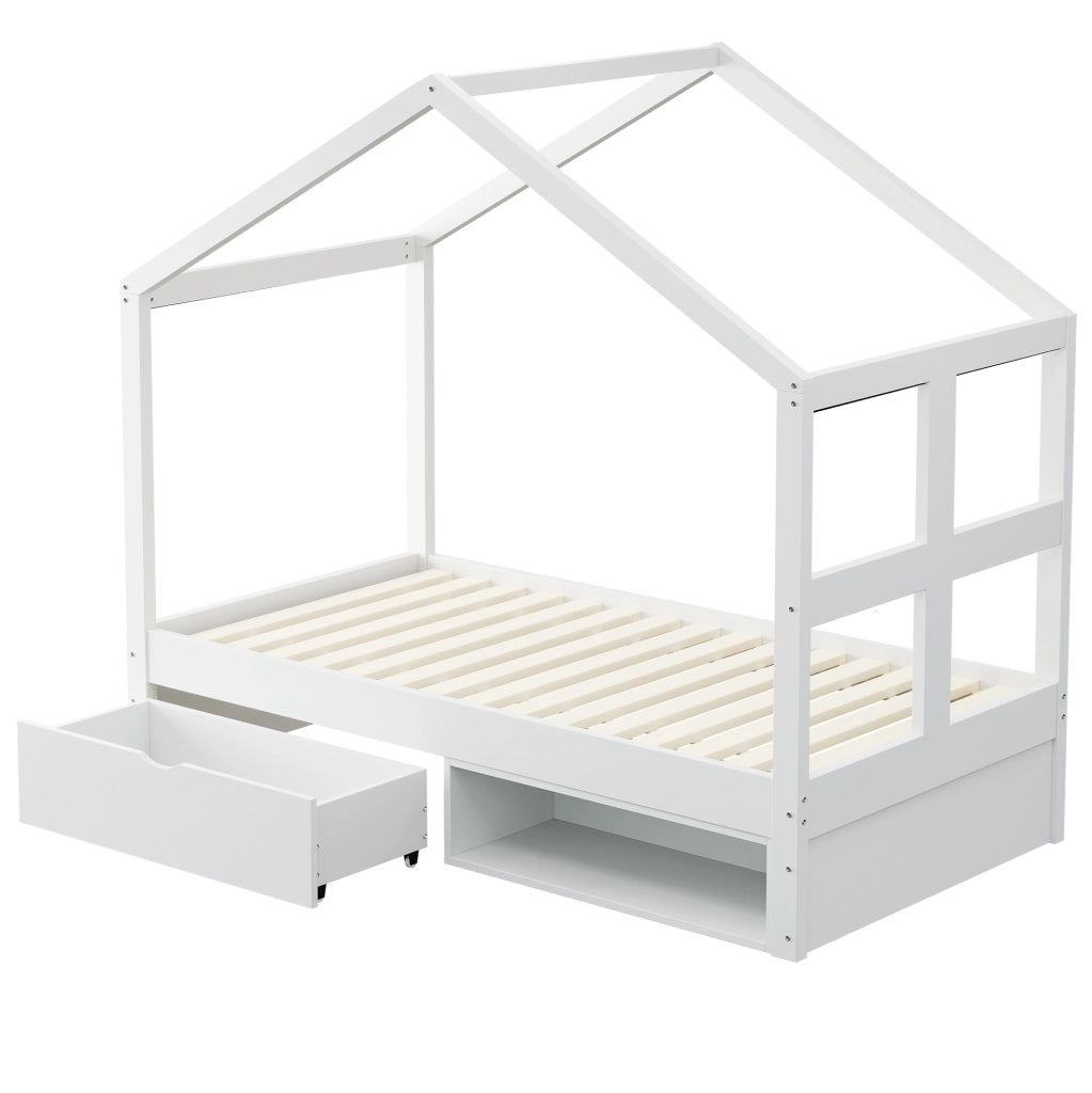 Letto a casetta 90x190 cm con cassetti, mobiletto portascarpe e LED multicolore bianco